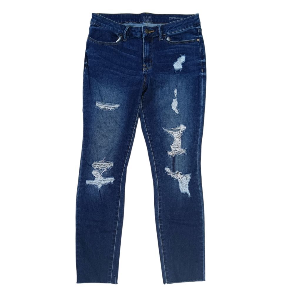a.n.a Dark Blue Distressed Skinny Jeggings Jeans 28/6 Raw Hem Holes